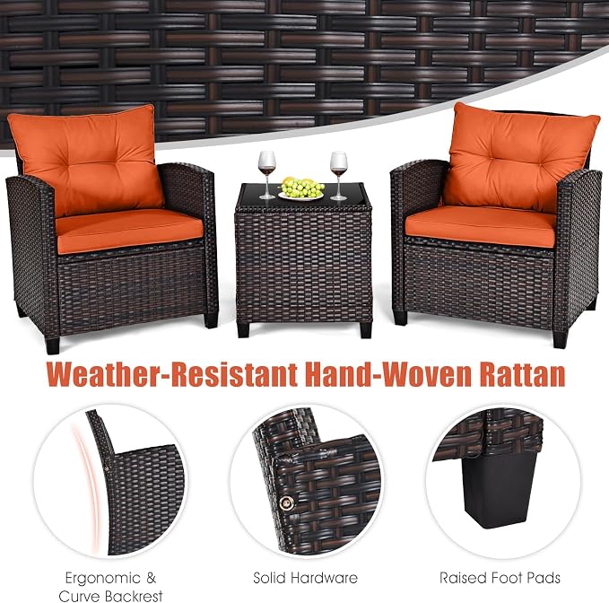 HAPPYGRILL 3 Pieces Patio Conversation Set, Outdoor Furniture Set PE Rattan Sofa Set with Removable Cushions, PE Wicker Chairs with Tempered Glass Side Table for Porch Lawn Garden Balcony Backyard