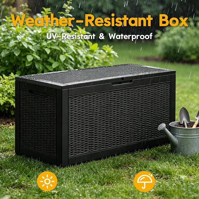 LAUSAINT HOME 100 Gallon Resin Deck Box for Outdoor Storage, Extra Large Waterproof Patio Storage Bench for Cushions and Garden Tools, Heavy Duty Seating, Lockable Toy Box for Porch and Deck (Black)