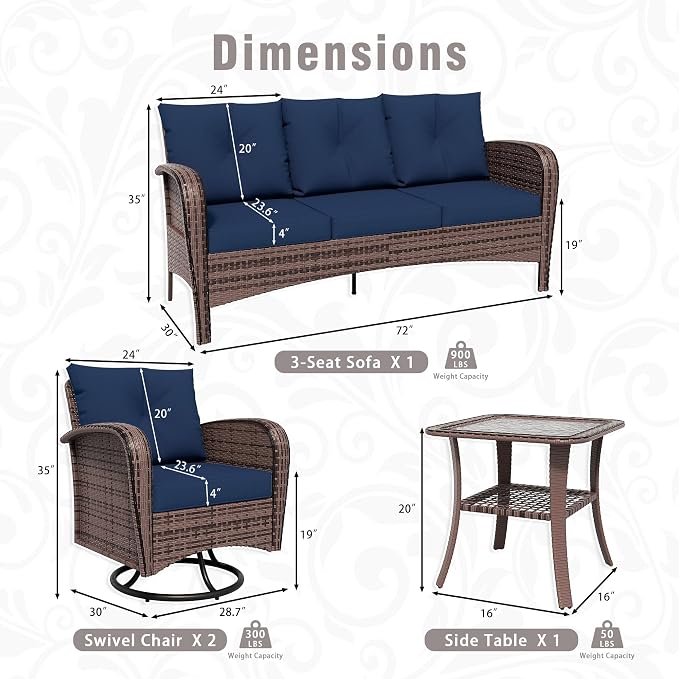 4 Piece Patio Conversation Set - 2 Swivel Chairs 1 Coffee Table 3-Seater Sofa, PE Wicker & Steel Patio Furniture with Heavy-Duty Steel Frame,Weatherproof Cushions, Blue