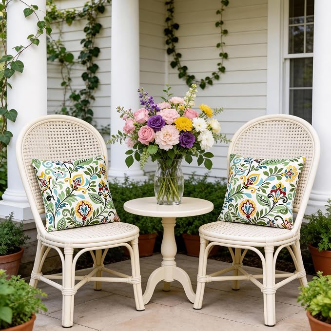 Floral Waterproof Outdoor Throw Pillow Covers 18x18 Inch Set of 2 | Green and Yellow Floral Pillow Cover, Summer Outdoor Decor Cushion Cases for Garden Patio Balcony Funiture Porch Couch Sofa