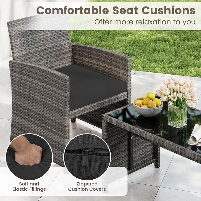 HAPPYGRILL 4 Piece Rattan Wicker Patio Conversation Set, Outdoor Furniture with Chair Loveseat Table & Cushion, for Backyard Porch Balcony (1, Black)