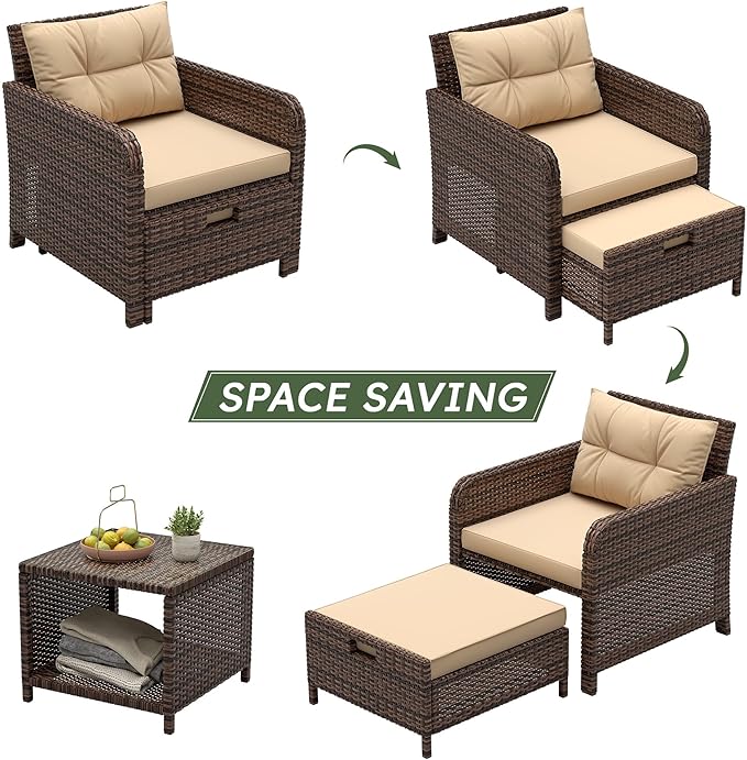 LHBcraft Outdoor Furniture 5 Piece Patio Conversation Set, PE Rattan Patio Set with Soft Cushions & Coffee Table, Outside Furniture with Hidden Ottoman for Porch, Lawn, Garden, Balcony, Brown