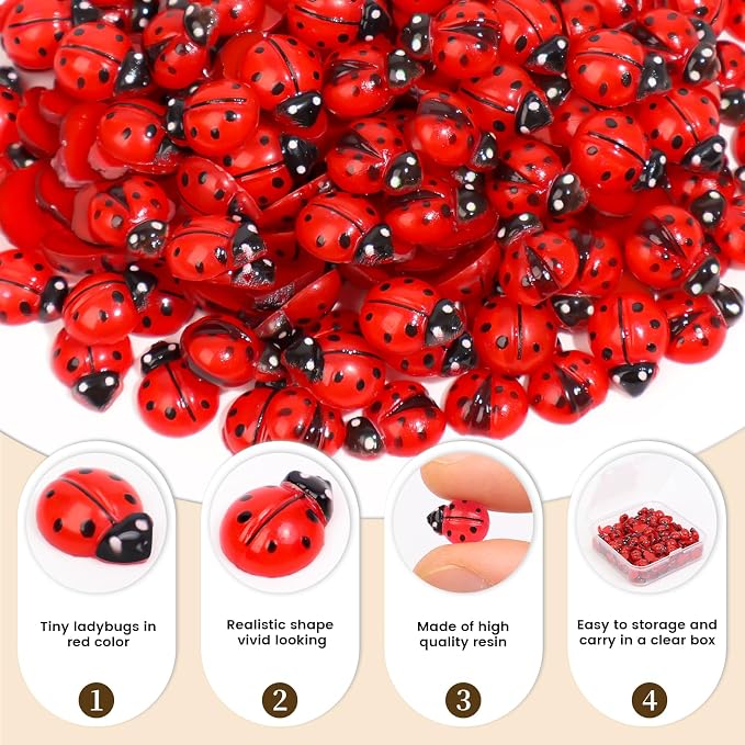 300pcs Mini Resin Ladybug Decor Tiny Ladybug for Crafts Dollhouse Miniatures Mini Resin Things Animals for Fairy Garden Micro Landscaping Home Decoration, 3 Types(0.32*0.4inch & 0.3*0.36inch)