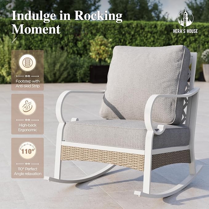 HERA'S HOUSE 6 Piece Metal Patio Furniture Set, All Weather Outdoor Conversation Set with 3-Seat Sofa, 2 Rocking Chairs, 2 Fixed Chairs & Coffee Table, 7 Seats for Backyard, Garden, Deck, White/Grey