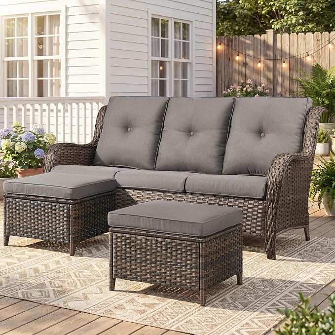 Belord 3-Piece PE Wicker Outdoor Sofa with 2 Ottomans, Luxury Patio Couch Convertible to Chaise Lounge, All-Weather High Back Deep Seat Woven Furniture for Deck, Porch - Brown/Grey