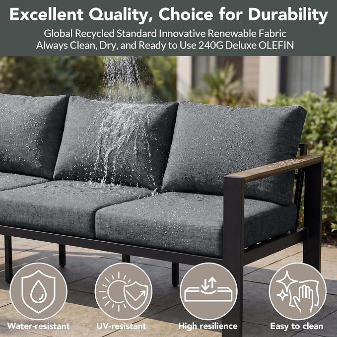 Outdoor Patio Furniture Set Loveseat and Coffee Table with Washable Thick Cushions, All-Weather Luxury Aluminum Large Sectional Sofa for Porch, Balcony, Deck, Yard, Gray
