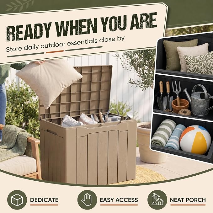 Flamaker Deck Box 30 Gallon, Waterproof Resin Small Storage Box with Lid, Outdoor Patio Furniture Cushion Garden Tool Organizer, Lockable Package Delivery Box for Porch Balcony (Brown)