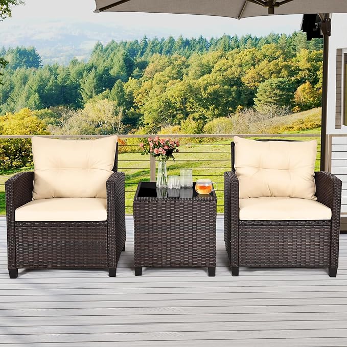 3-Pieces Patio Furniture Set, PE Wicker Chairs Sofa Set with Removable Cushions & Glass Top Side Table, Outdoor Wicker Rattan Conversation Chair for Porch,Backyard, Balcony (Light Yellow)