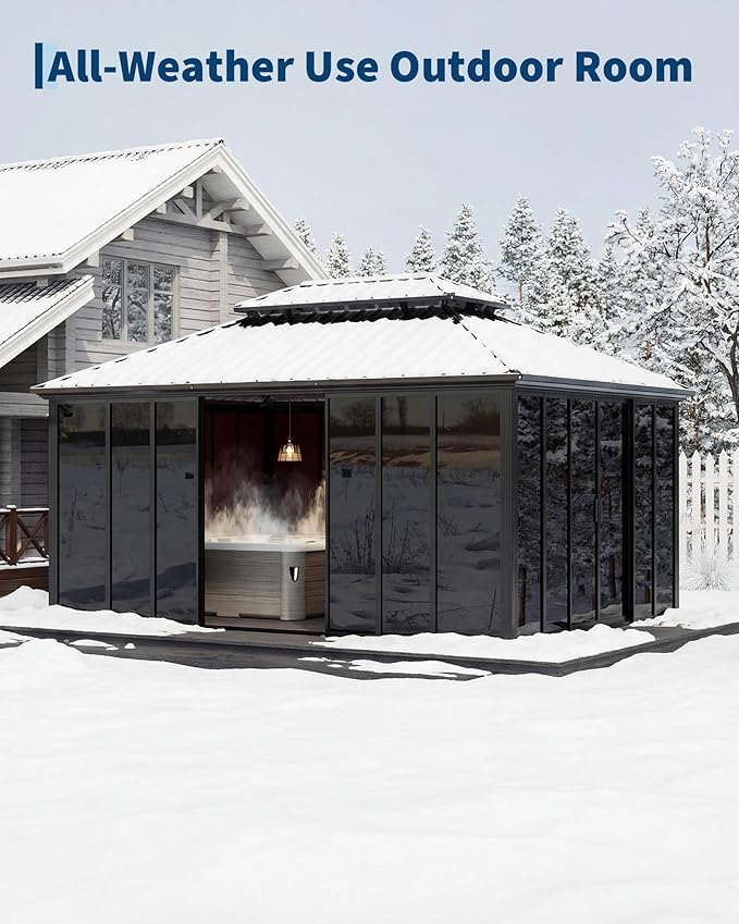 GarveeLife 12x20 ft Sunroom Hardtop Gazebo, Enclosed Gazebo with Floor-to-Ceiling Sliding Doors, All-Aluminum Alloy Frame, Screen Outdoor Room Solarium for Backyard, Patio, and Deck