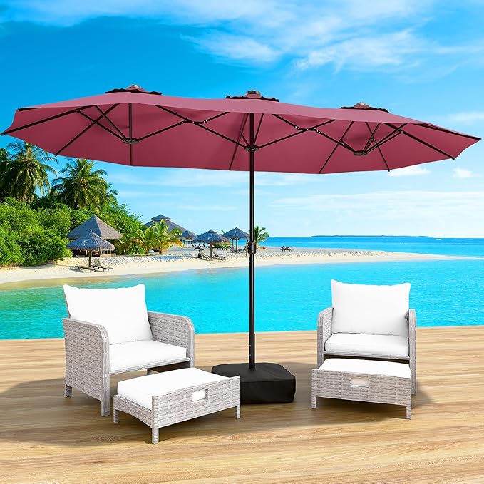 LEVELEVE 15FT Double-Sided Patio Umbrella with Base Included, Large Outdoor Rectangular Market Umbrella for Backyard, Poolside, Lawn & Garden,Red