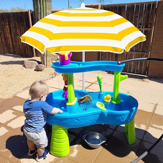 Kids Water Table Umbrella and Cover, Heavy-Duty 600D Waterproof Anti-UV Dustproof Water Table Cover with Umbrella, Compatible with Step2 Rain Showers Splash Pond Water Table, Yellow