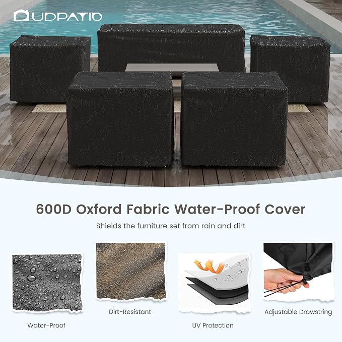 UDPATIO Aluminum Patio Furniture Set, Faux Wood Grain Modern Outdoor Furniture, 6" Cushions Metal Patio Conversation Sofa with Coffee Table for Poolside Deck, 8 PCS, Dark Grey(Include 600D Covers)