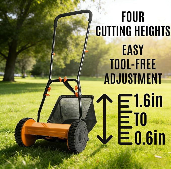 16in Push Along Lawn Mower - Lightweight 17.2 lbs - 4 Cutting Heights 0.6" to 1.6" - Rear Roller for Stripes - 16in Heavy Duty Steel Blades - 6.5 Gallon Collection Box (16 in)