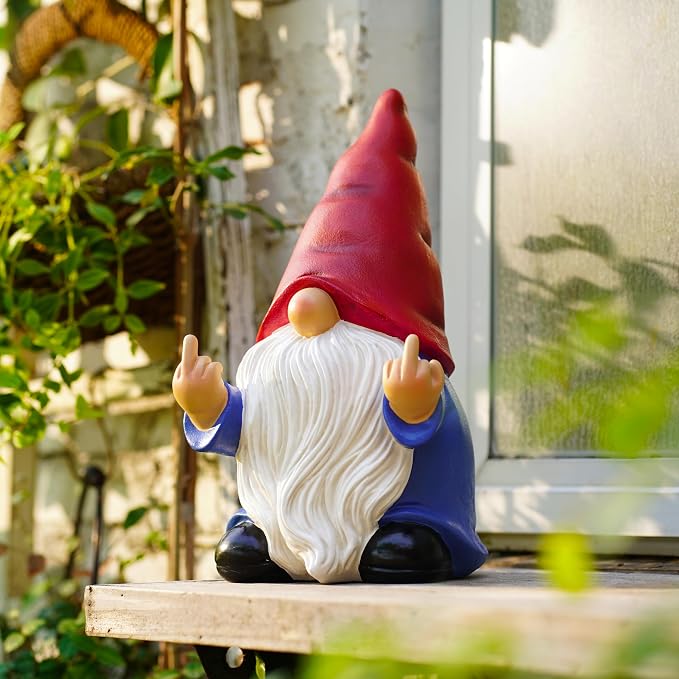 Middle Finger Gnome Statue 12.4in, Large Naughty Garden Gnome Statue Decoration and Lawn Ornament - Funny Garden Gnomes for Outdoor or Home Decor