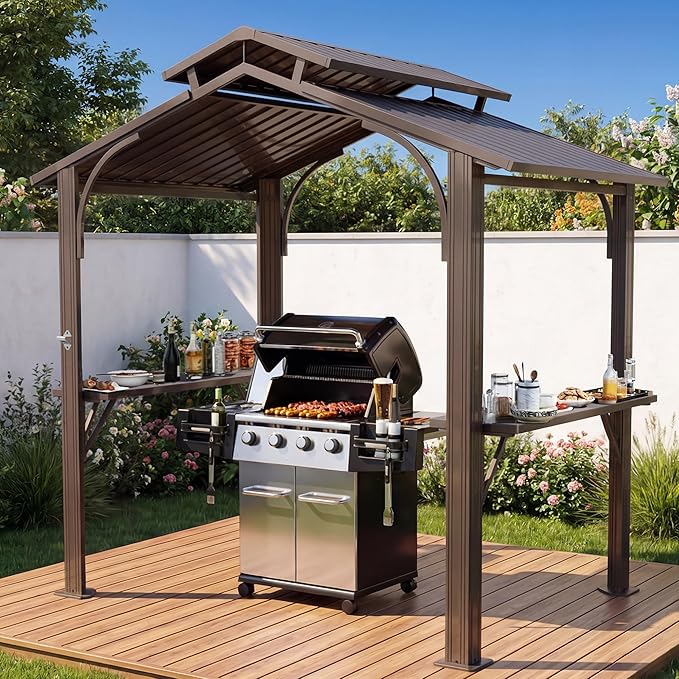 Domi Hardtop Grill Gazebo 8x5FT, Grill Canopy for Outdoor Grill w/Double Galvanized Steel Roof, 2 Side Shelves and Ceiling Hooks, BBQ Gazebo Grill Tent for Patio Garden Backyard, Brown