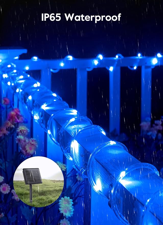 Brightown 39FT 100LED Solar Rope Lights Outdoor Waterproof, Blue | IP65 Solar Powered Fairy Lights with 8 Lighting Modes, Outdoor String Lights for Party Garden Yard Holiday Tree Decoration