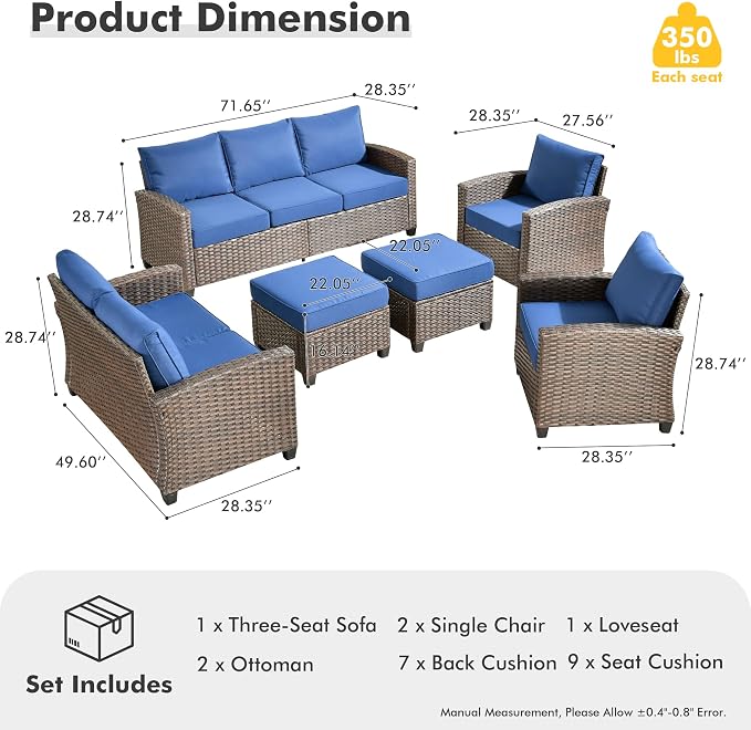 CAODOC Patio Furniture Set, Outdoor Wicker Furniture with Ottomans, 6 Pieces Patio Sectional Sofa Couch Conversation Set for Garden Poolside Backyard, Brown Rattan Blue Cushions