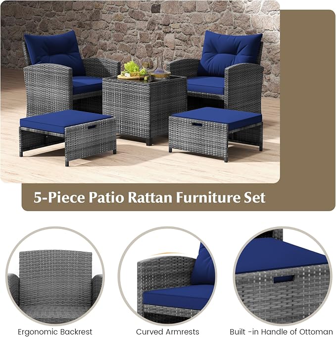 KOTEK 5 Pieces Patio Furniture Set with Ottomans, Wicker Patio Conversation Set with Coffee Table & Cushions, PE Rattan Outdoor Lounge Chairs for Backyard, Porch, Poolside (Mix Grey- Navy)