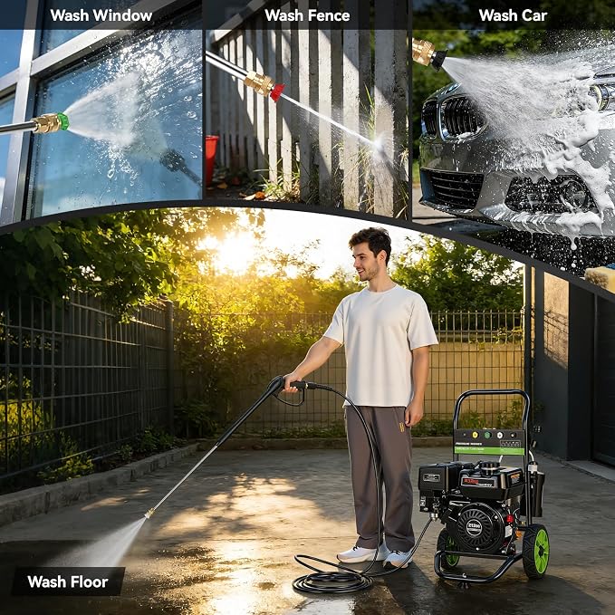 Professional 4200PSI 4GPM 212CC Gas Pressure Washer, 7.0HP Commercial Gas Power Washer with 1L Foam Bottle 8" Wheels 5 Nozzles 25FT Hose for Cleaning for Home Car Yard (EPA/CARB/ETL Compliant), Black