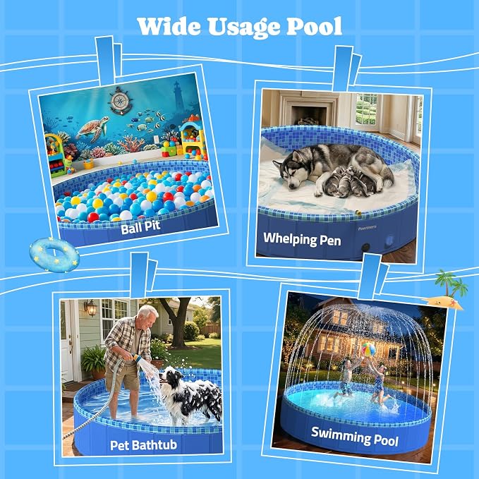 Foldable Kiddie Pool with Sprinkler RGB LED Light, 87" Collapsible Hard Plastic Dog Swimming Splash Pool for Small Medium Large Doggie Kitty Puppy, Pet Bathing Tub Wading Pool for Dogs Blue