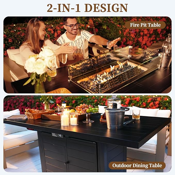 PIZZELLO 5 Pieces Patio Furniture Set w/ 60" Gas Fire Pit Table and 4 Patio Swivel Dining Chairs, Outdoor Conversation Set 50,000 BTU Aluminum Propane Fire Pit Patio Chairs Set of 4 for Backyard
