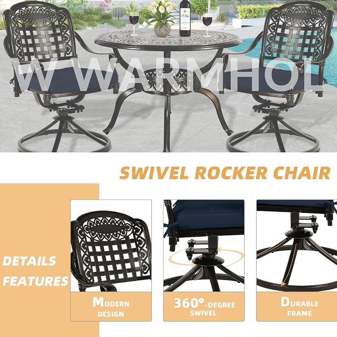 5 Piece Patio Dining Set, Outdoor Table and Chairs Set for 4 Cushioned Swivel Rocking Chairs and 38.5'' Round Table, All-Weather Cast Aluminum Patio Funiture Set, 2'' Umbrella Hole, Navy