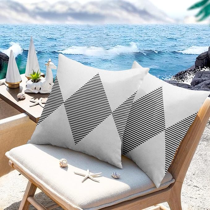 Throw Pillow Covers, White Stripes, Set of 2, 18 x 18 Inch | Black Waterproof Modern Pillowcase Square Cushion Case Farmhouse Garden Decorative Pillows for Couch Beach Patio