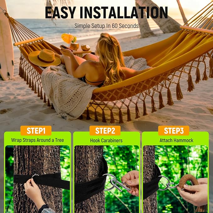 Bohemian Canvas Hammock with Tassels, Brown, 79"x39" | Soft Breathable Cotton Canvas Hammock,79x39in,2 Hanging Straps Wooden Bar;3 colors,compact for students renters dorm balcony