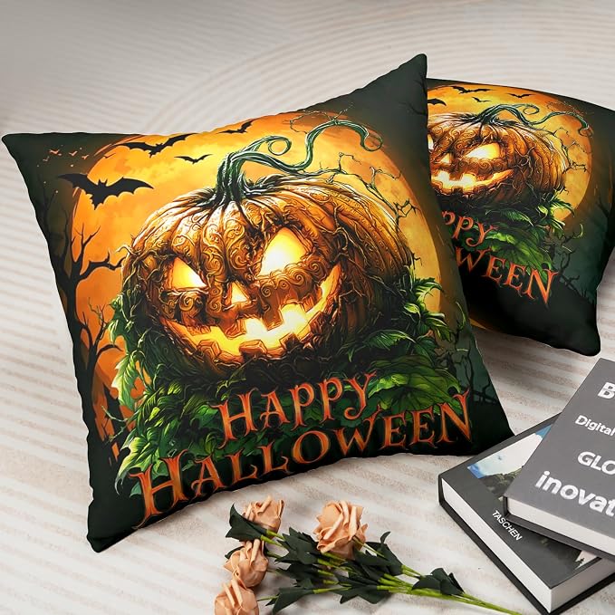 Halloween Throw Pillow Covers Scary Pumpkin Pillow Covers 22x22 Set of 2 Full Moon Bat Pillow Cases Jack-O'-Lantern Cushion Cases for Home Farmhouse Bedroom Living Room Sofa Couch