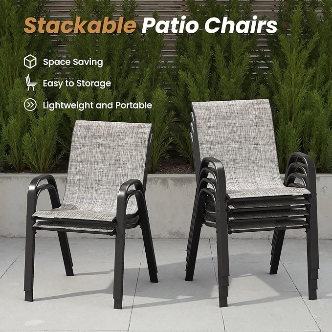 Soohow Outdoor Dining Set for 6, Outdoor Patio Dining Set 6 x Stackable Chairs & 1 x Wood-Like Outdoor Table with Umbrella Hole, All-Weather Patio Table and Chairs for Poolside, Backyard and Porch