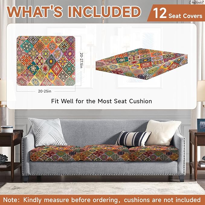 CALBODE 12Pcs Stretch Patio Cushion Cover, Bohemian Colored Geometric Pattern Couch Covers for Patio Furniture Cushions Washable Reusable Couch Covers Replacement for Fall Winter(Cover Only)