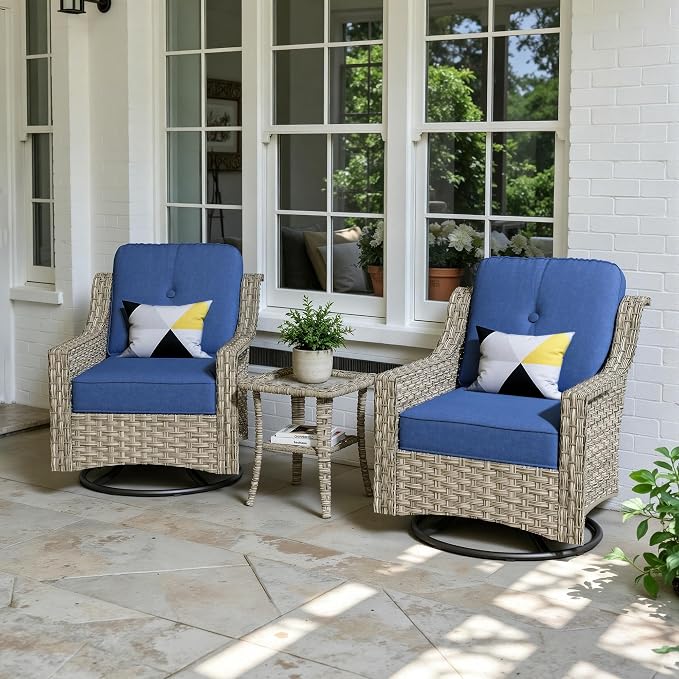 3 Piece Patio Furniture Set, Outdoor High Back Swivel Rocker Chairs Set of 2 with Side Table, All Weather Wicker Glider Chair with Thick Cushions for Backyard Balcony Porch, Navy Blue