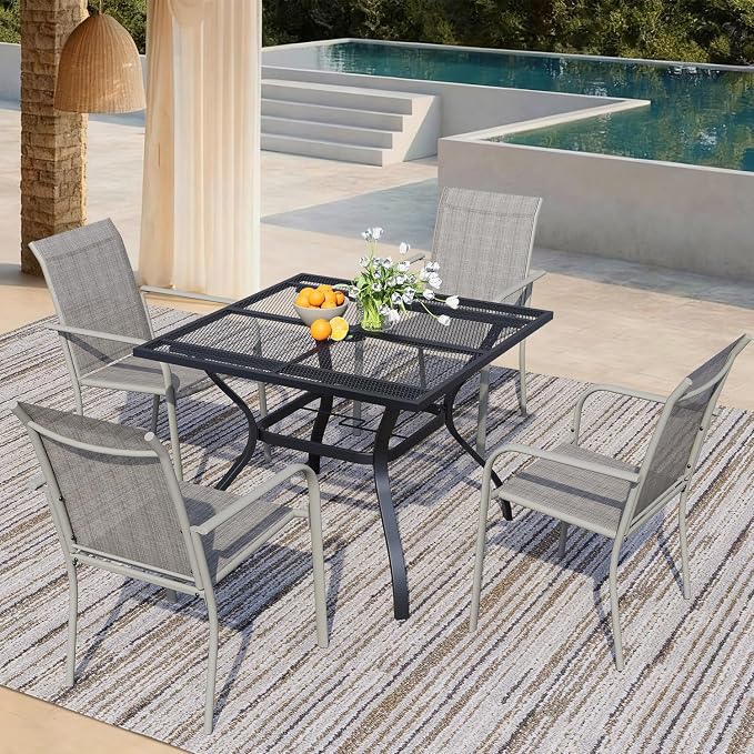 5 Piece Outdoor Dining Set, Patio Table and Chairs Set of 4, 37.5" Black Square Patio Table with 4 Grey Stackable Patio Chairs for Lawn, Garden, Porch