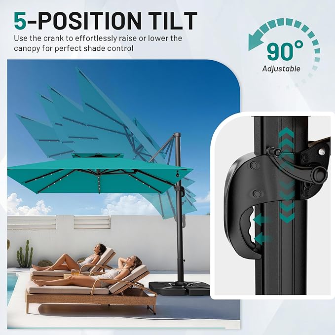 AreShark 10×10FT Solar LED Cantilever Umbrella with Base Included, Double-Top Outdoor Patio Offset with 360 Degree Rotation, Square Offset Hanging Umbrella for Garden Deck Pool, Turquoise Blue