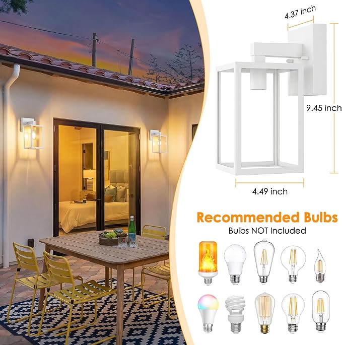 Outdoor Wall Light Fixture, White Porch Lights, 2 Pack | Waterproof, Anti-Rust, E26 Socket, Exterior Wall Mount Lamps, Front Door Lighting, Outside Patio Sconce Lantern, Garage