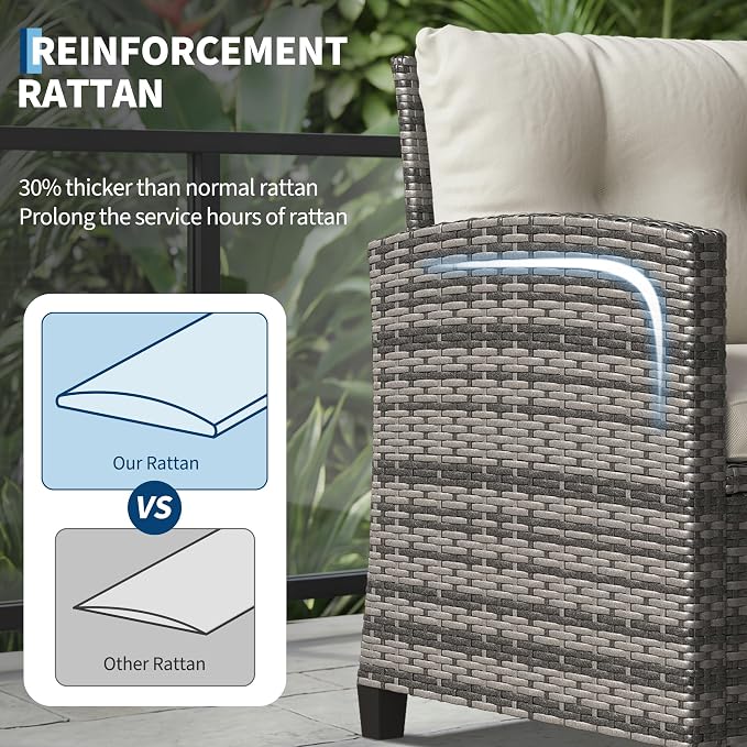 Garvee 3 Piece PE Rattan Patio Furniture Set, Outdoor Chairs and Table Set with Tempered Glass Tabletop and Cushions, Patio Conversation Set for Patio, Balcony, Poolside, Grey and Beige