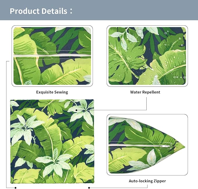 Outdoor Pillow Covers Waterproof 20x20 Inch Set of 2 Jungle Leaves Decorative Outside Patio Furniture Cushion Cases Decor for Porch Garden