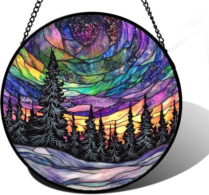 DASTOLL Stained Glass Window Hanging, Van Gogh Night Scene Sun Catchers Colorful Glass Panel Starry Sky Suncatcher Decor for Birthday for Women, Men, Wife, Aunt, and Mom 7.8 in
