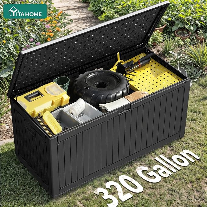 YITAHOME 320 Gallon Large Deck Box with Divider & Side Handles, Outdoor Double-Wall Storage for Patio Furniture Cushions, Garden Pool Accessories, Water Resistant & Lockable