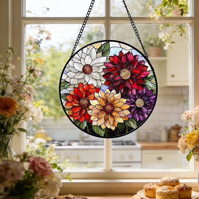 Stained Glass Window Hanging, Colorful Flowers Sun Catcher for Window Door Home Decor Plant Suncatcher Christmas Mother's Day Birthday Gifts for Women Men Mom and Nana 7.8 in