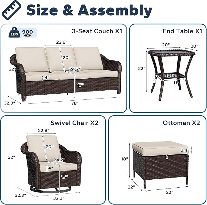 6 PCS Outdoor Conversation Set | 78" Couch, 2 Swivel Chairs, 1 Side Table, 2 Ottomans, Patio Wicker Conversation Furniture with Removable Cushions for Bistro, Deck, Sunroom (Beige)
