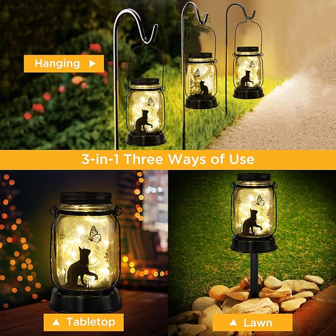 Cat Lover Gifts for Mom/Grandma/Women/Sister Cat Butterfly Solar Light Gifts Mother Day Gift Solar Lanterns Outdoor Waterproof Fairy Lights Led Mason Jar Hanging Cat Lamps Decor for Garden Yard Torche