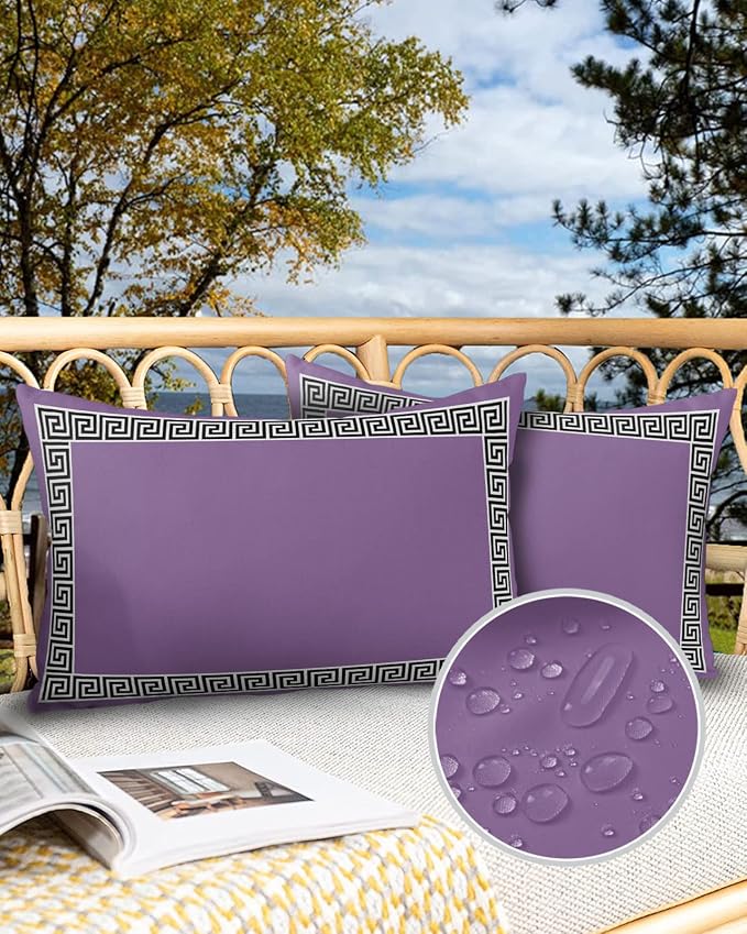 Prime Leader Outdoor Waterproof Pillow Covers Set of 2, Chinese Style Pattern Purple Background Patio Throw Pillow Covers, Decorative Cushion Case for Couch Sofa Furniture Garden, 20x12 Inch
