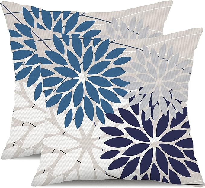DFXSZ Pack of 2 Outdoor Waterproof Throw Pillow Covers 16x16 Blue White | Polyester Colorful Spring Summer Floral Decorative Cushion Cases(NO INSERT),For Couch Patio Funiture Garden Home Decor
