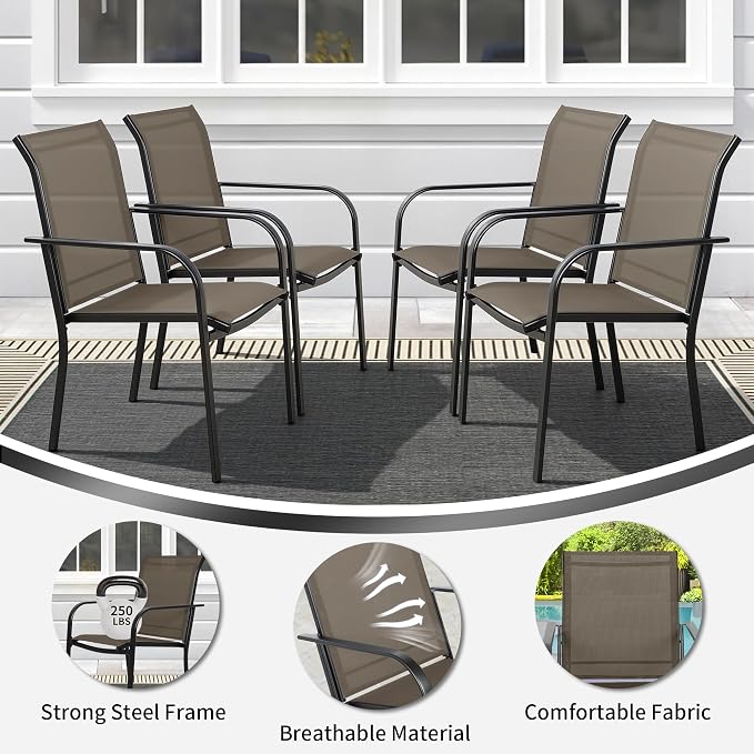 SUNCROWN 8 - Piece Outdoor Dining Set, Patio Furniture Set with 6 Textilene Dinning Chairs, 1 Rectangle Metal Table and 1 Sky Blue 9Ft Patio Umbrella for Lawn Garden Backyard Deck, Brown