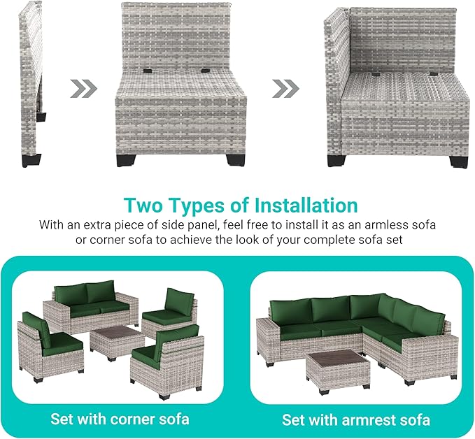 8-Piece Outdoor Patio Furniture Set Wicker Sectional Sofa Set with Ottomans, Patio Conversation Set with Thickened Cushions & Coffee Table for Garden, Backyard, Poolside, Green