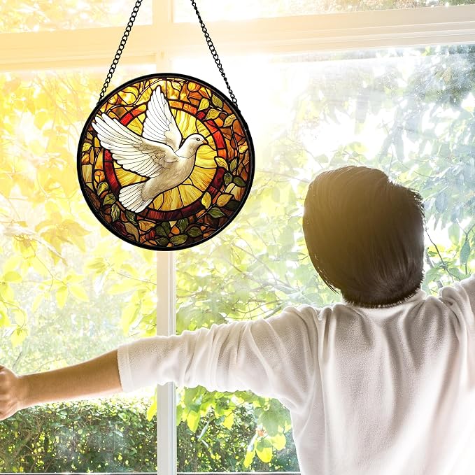 DASTOLL Stained Glass Window Hanging, Flying White Dove Sun Catchers Diamond Glass Panel Hangings Cute Birds Suncatcher Decor for Birthday for Women, Men, Wife, Aunt,and Mom 7.8X7.8IN