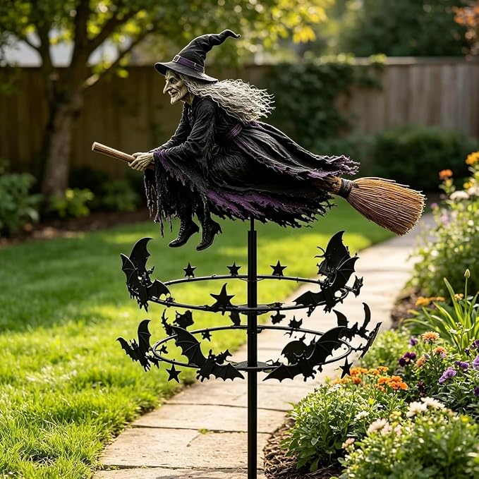 The Enchanted Witch Garden Wind Spinner, Metal Halloween Yard Art Outdoor Decor, Outdoor Garden Stake Decoration, Halloween Lawn Ornament, for Garden Patio Pathway Fall Decorations (1PCS)