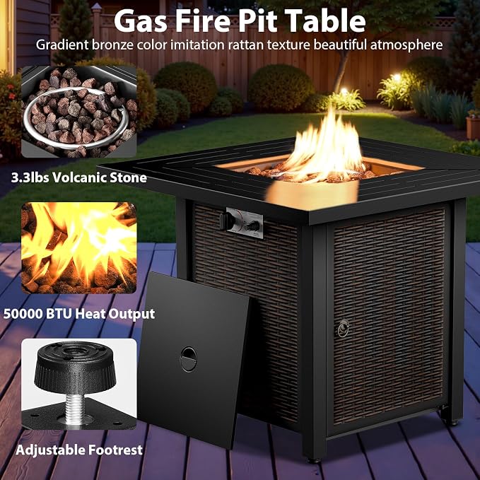 7 Piece Patio Furniture Set with Fire Pit Table - Wicker Patio Conversation Set with 4 Swivel Glider Chairs and 2 Tempered Glass Side Tables for Deck Backyard - Black Wicker Beige Cushion