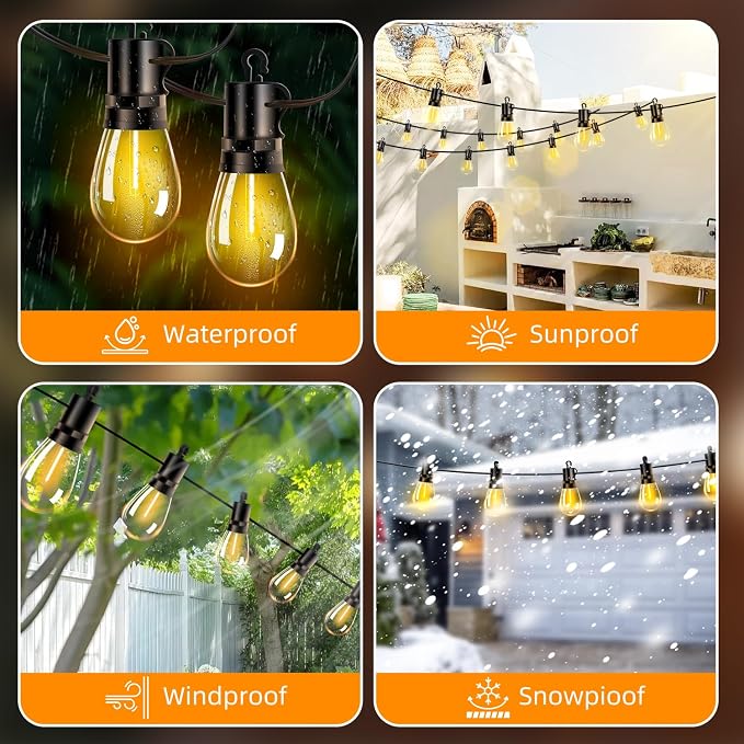 Outdoor Patio String Lights: S14 Shatterproof Bulb Outside Waterproof Light - 50FT 15M Remote Dimmable Connectable Hanging Outdoor Electric Lighting - Garden Backyard Yard Gazebo Porch Party